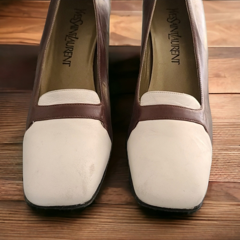 VTG YSL Retro Mod Square Toe Leather Pumps 8 N Heels Brown Yves Saint Laurent - Picture 12 of 16